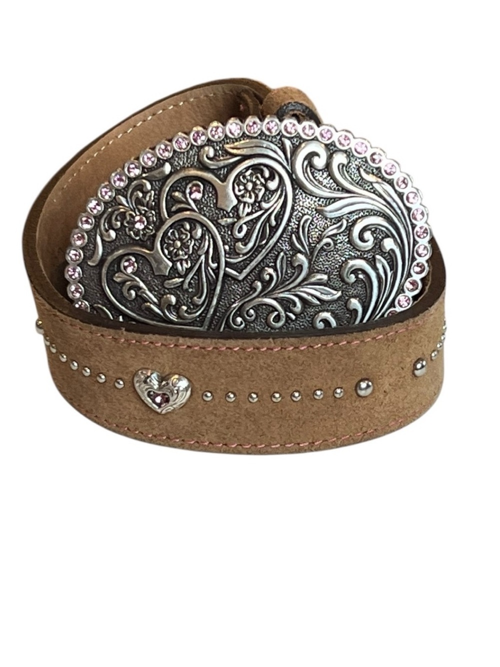 Tony Lama Little Girls Brown Leather Belt Silver Heart Buckle Rhinestones